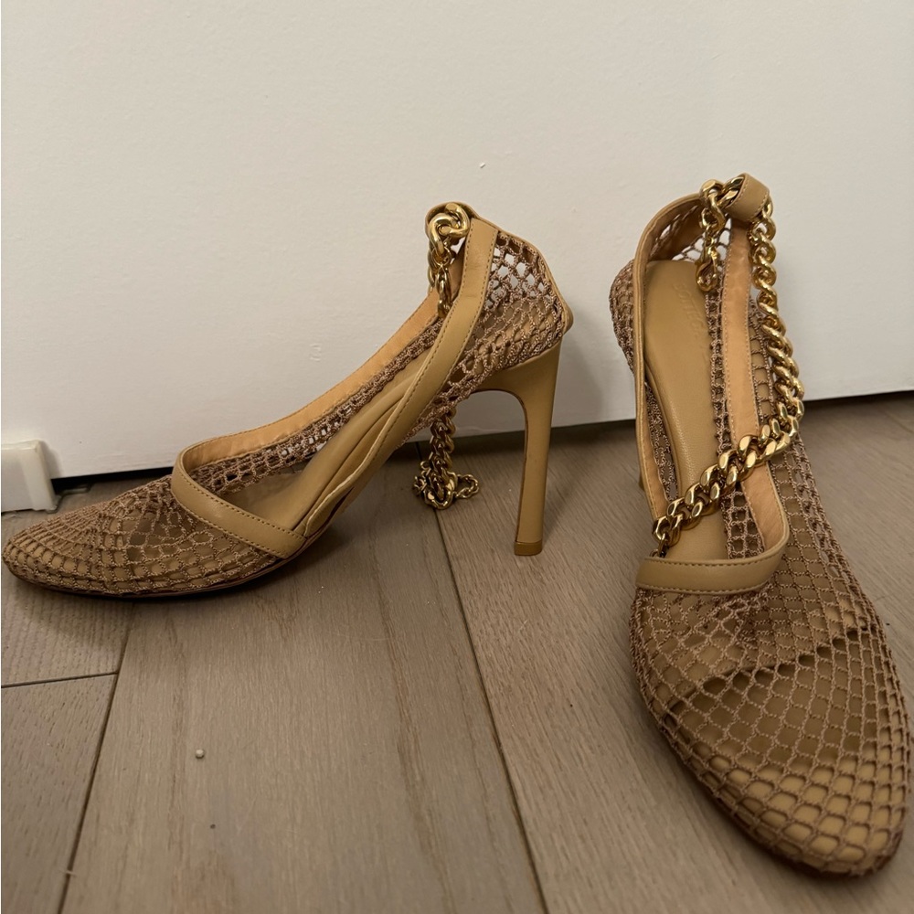 Moving Sale Bottega Veneta Mesh Chain Leather Ankle- Strap Sandals in Beige